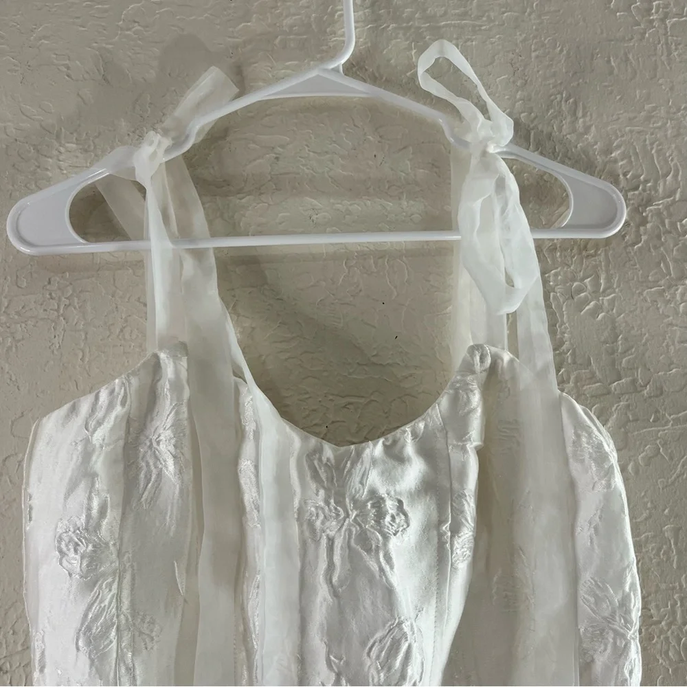 Lulu's Gorgeous Persona White Satin Jacquard Tie Strap Midi Dress - Picture 5 of 15